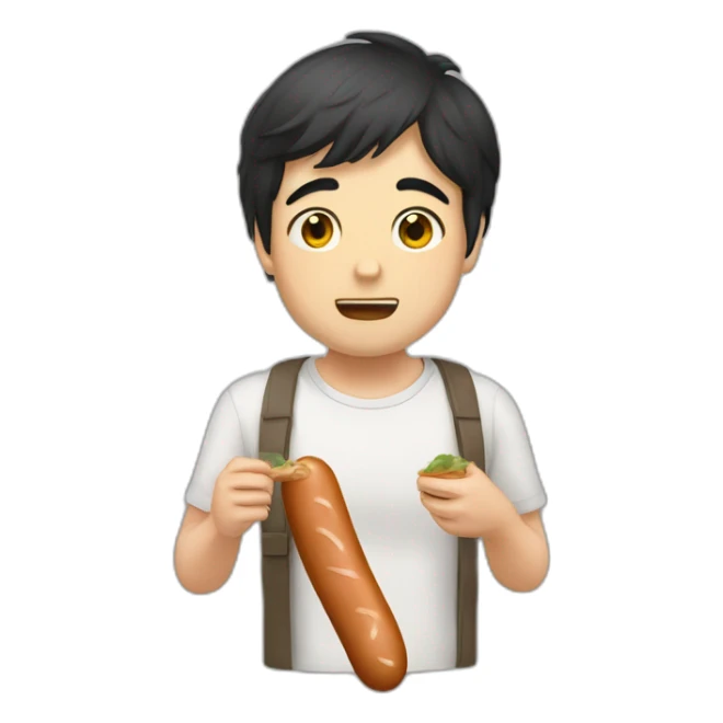 Kawai men with dark hair eating sausage face sticker