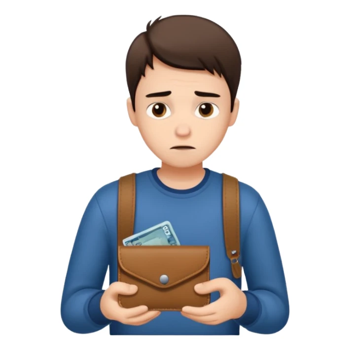 A young guy looks sadly at his empty wallet. sticker