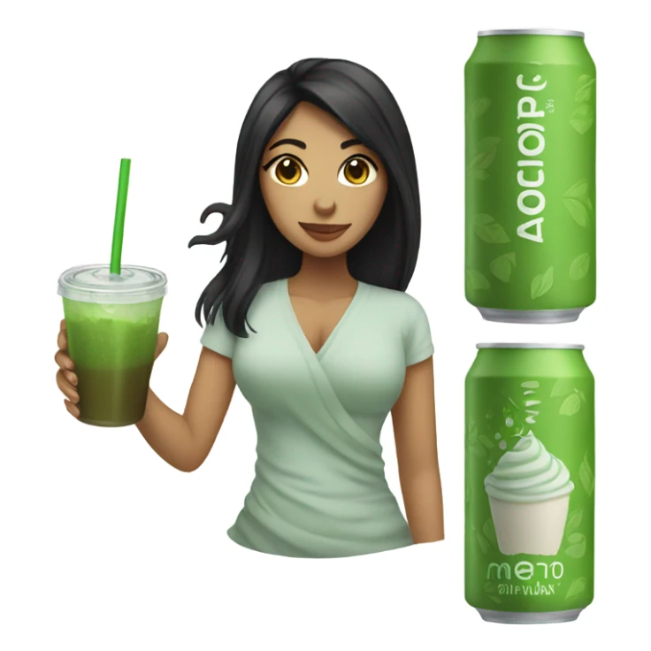 female with long black hair and an iced matcha sticker
