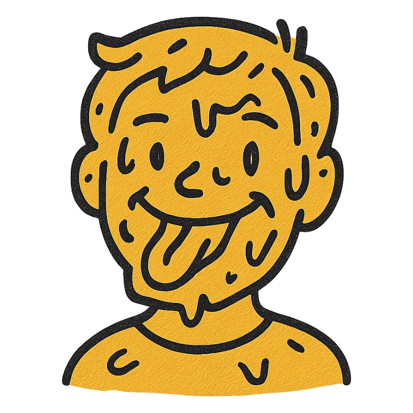 Add much more mustard all over his face, keep the hand drawn style and transparent background. sticker
