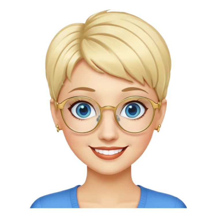 blonde teacher with pixie haircut, gold glasses, blue eyes, big eyelashes, nice smile sticker