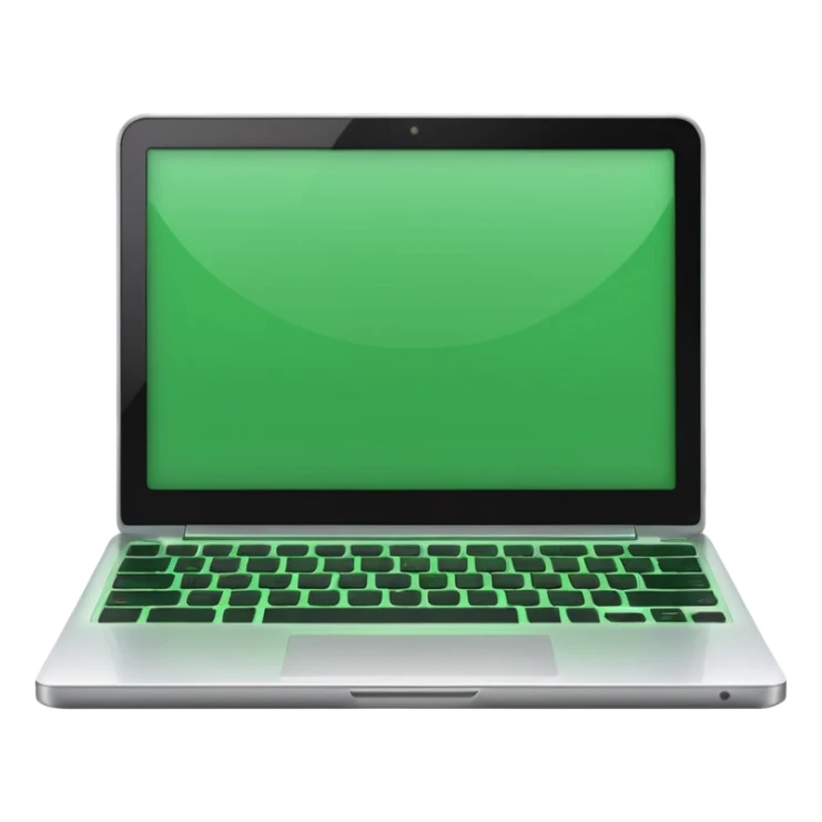 A emoji-style illustration of a laptop front facing with its screen showing green screen. sticker