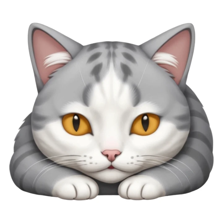 grey and white small cat with its eyes closed lying down with his head leaning on his paw sticker