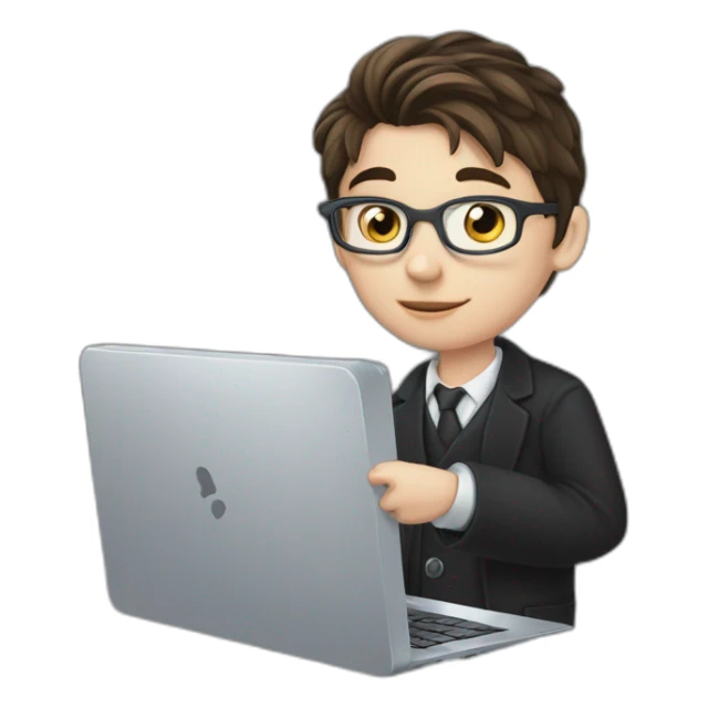 Pc in hands, works on pc, Blue eyes, Classy programmer, 13 years old, coat, formal outfit, pc in hands, brunette boy, uses pc stays on pc, black coat, has pc in hands, all body see sticker
