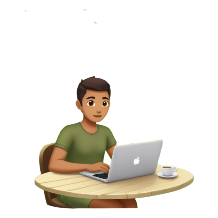 A digital nomad sits at a café in Bali, working on a laptop surrounded by lush green rice terraces and swaying palm trees sticker