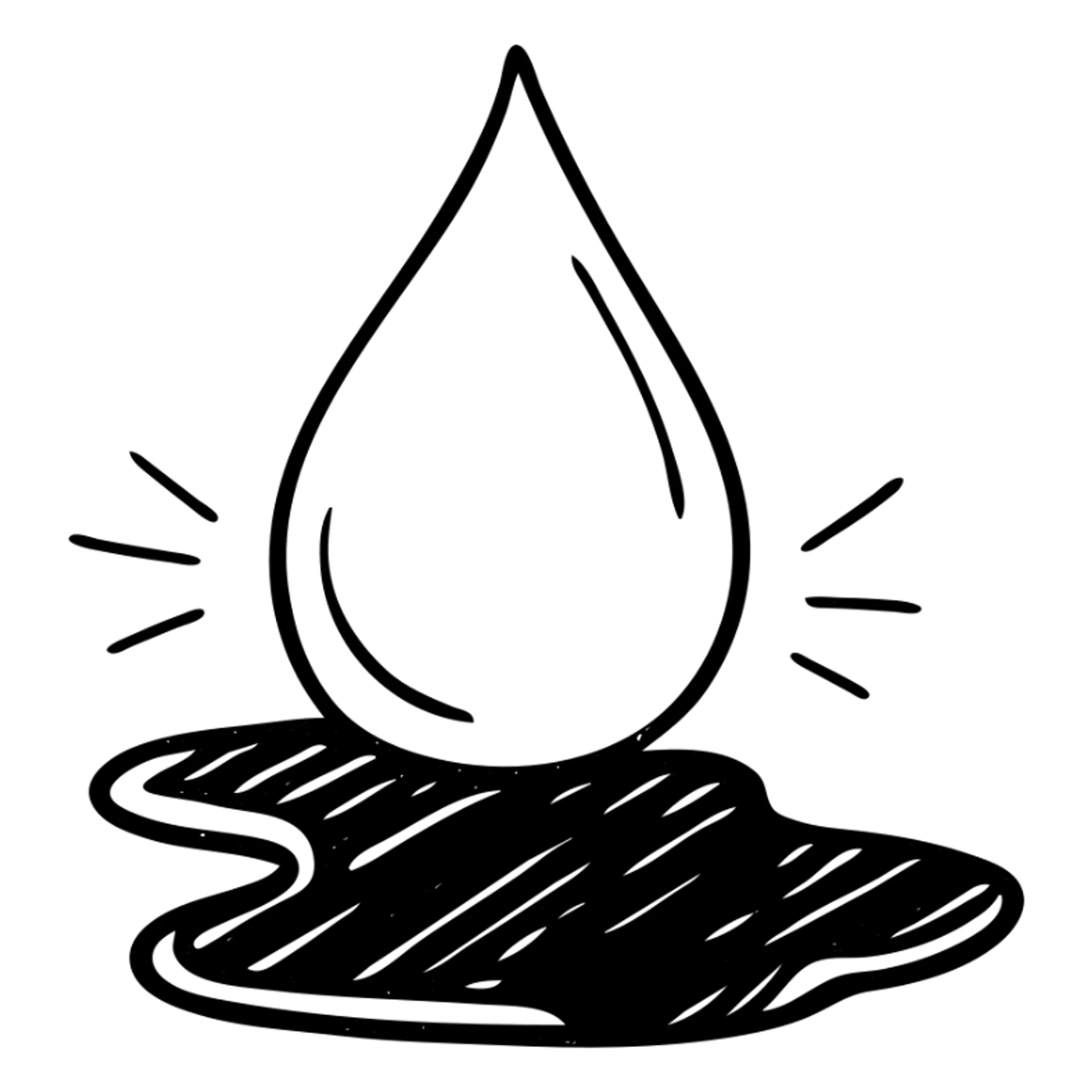 hand-drawn outlined icon of a light blue or silver water droplet sliding on glossy black paint, subtle repellent effect with lines, clean and modern sticker