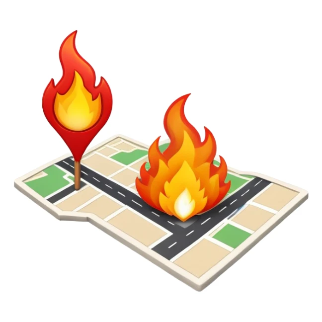 A map location pin marker on fire with flames coming out the top sticker