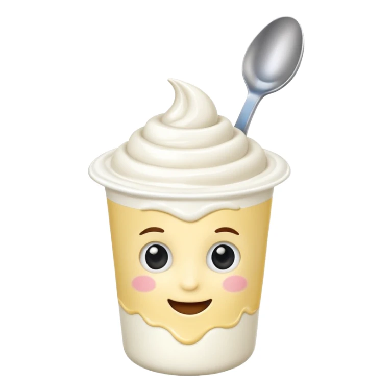 A 3D cartoon yogurt cup with a spoon, creamy white top. sticker