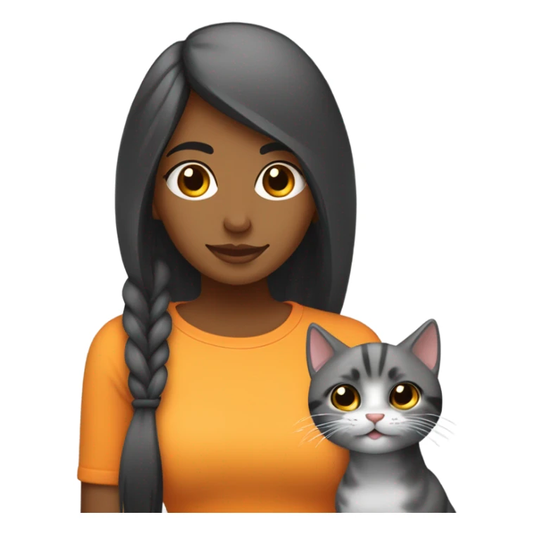 chica pelinegra con un gato gris con subtono naranjo  sticker