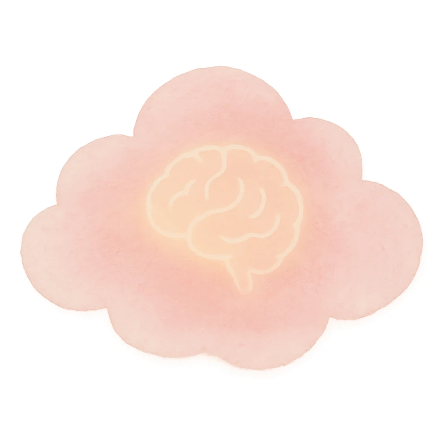 small ethereal dreamcore emoji of a soft pastel pink cloud with subtle luminous internal glow, faint glowing brain outline inside, soft contemplative slightly enigmatic feel, watercolor texture sticker