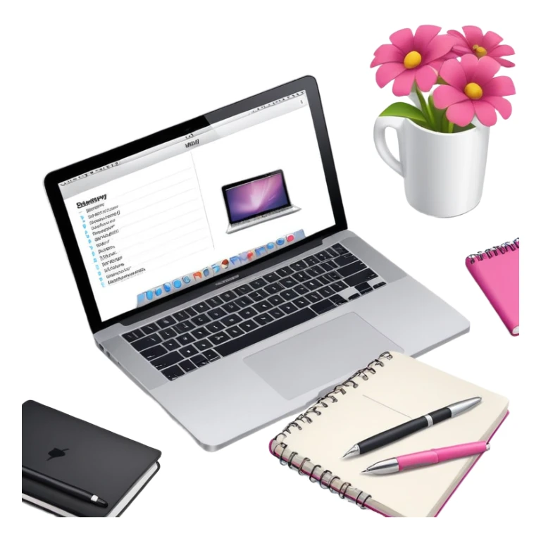 top view of a MacBook and a notebook with a pen nearby, notebook with visible notes, MacBook screen showing a beauty salon logo sticker