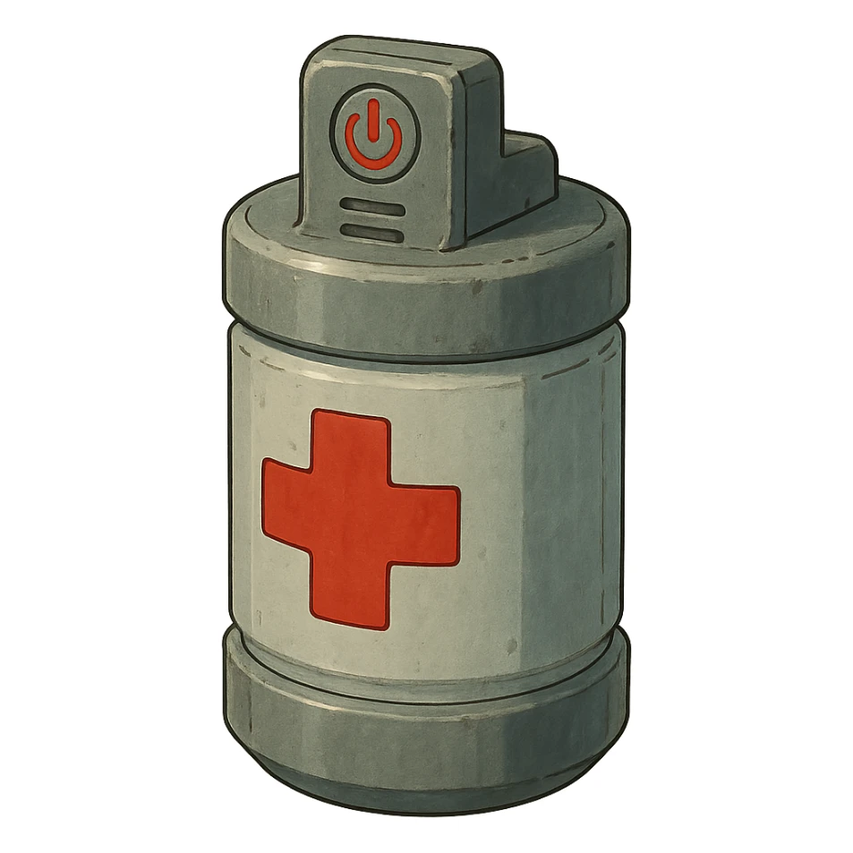 the image is the icon for a videogame insta-use item, it is a medpack- fututistic cyberpunk- resembles a canister with deadswitch, medical military clean plastic, opaque container, wide cylinder  sticker
