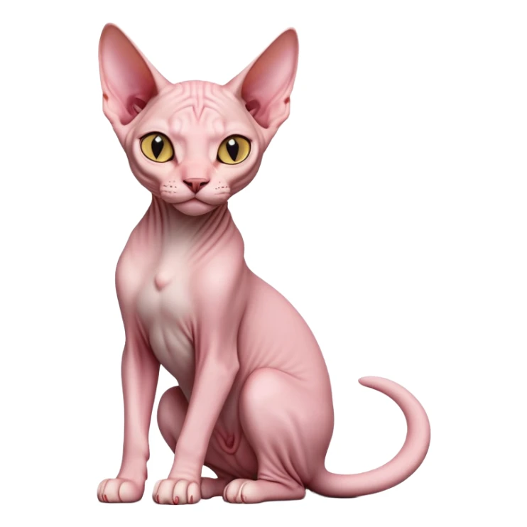 cinematic-[sphynx cat]-realistic-full-body-sitting-emoji,-tail-curled-playfully-around-its-paws,-head-tilted-dramatically,-sleek-[pink]-skin,-simplified-yet-realistic-focused-features,-highly-detailed,-glowing-with-an-almost-sarcastic-glow sticker