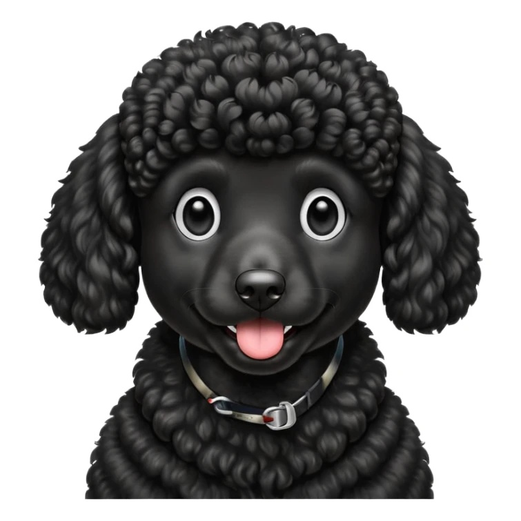 A high-resolution digital illustration of a black poodle in a clean, semi-realistic style. The poodle is shown from the chest up, facing forward with a slight tilt of the head to the left, tongue out playfully. sticker