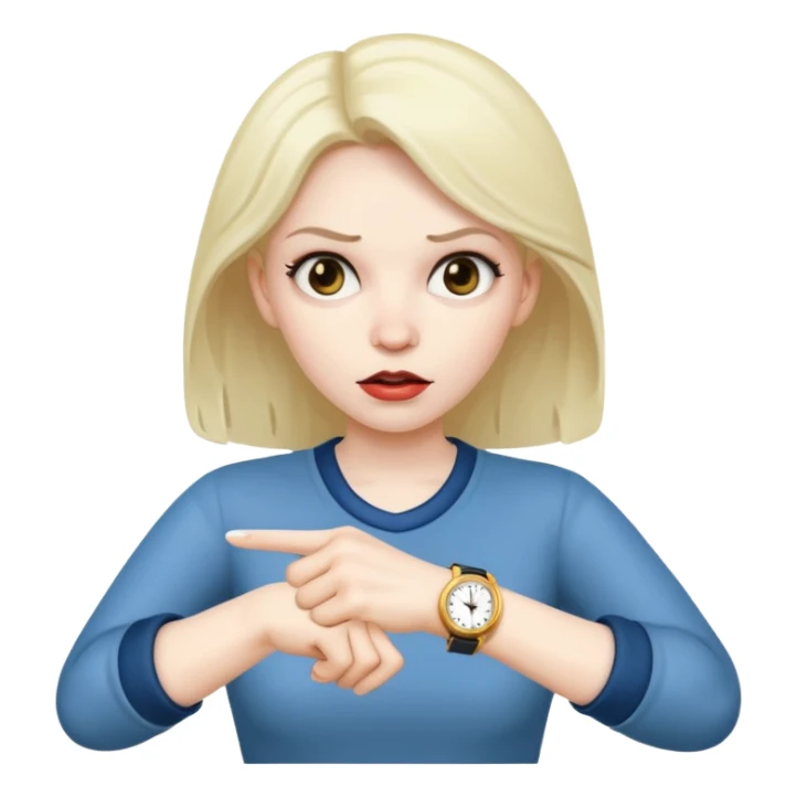 a mad woman pointing at her watch sticker
