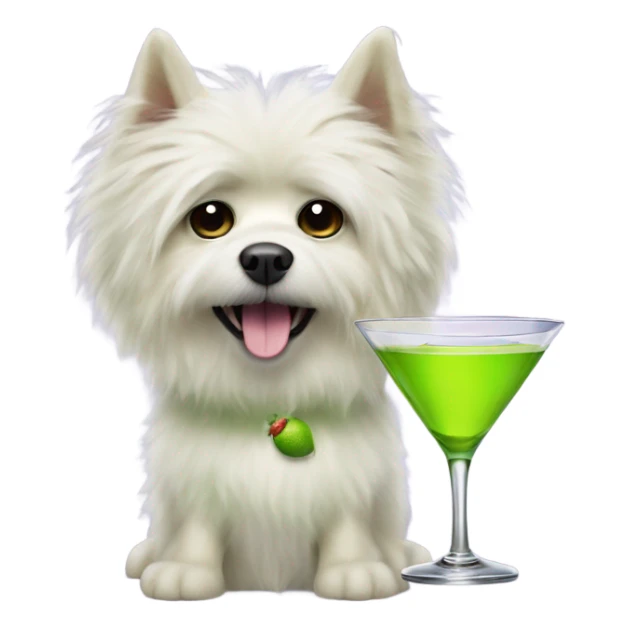 lime green fluffy dog with pointy ears with a martini sticker