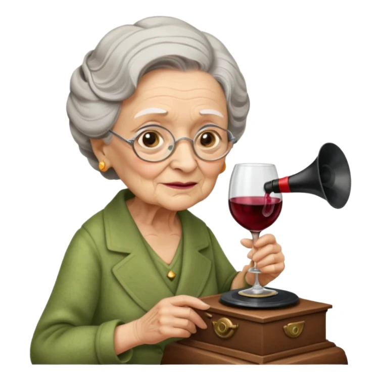 old lady with wineglass listening to gramophone sticker