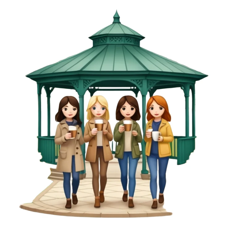  4 Girls walking with coffee by gazebo in early spring  sticker