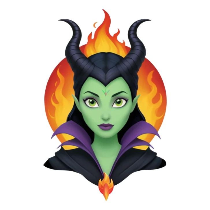 Poster-style sticker, pastel red background. In the center: Maleficent cartoon-style character with fiery aura. On top: ARIES in bold. Below in cursive: ‘The Fire Queen’. At the bottom: ‘Brave, fierce, always leading.’ ✨🔥👑 sticker