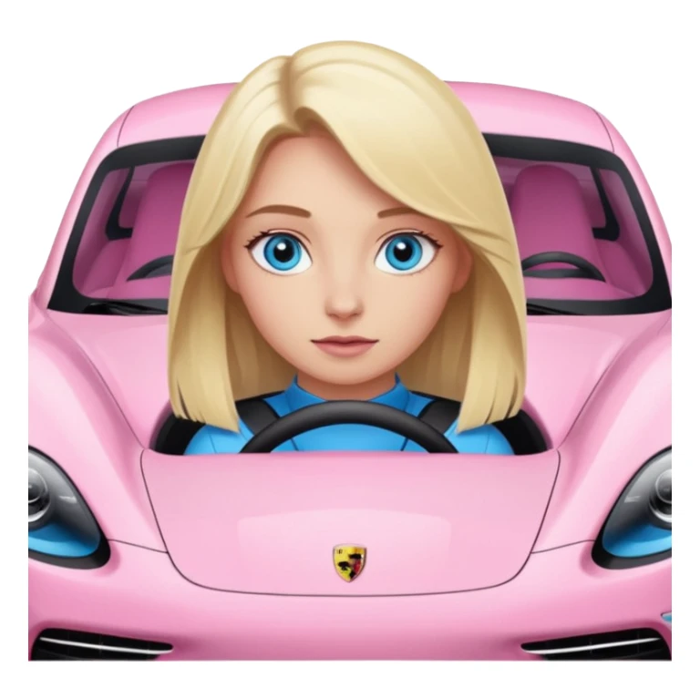 Blonde girl with blue eyes sitting infront of a pink porsche taycan sticker