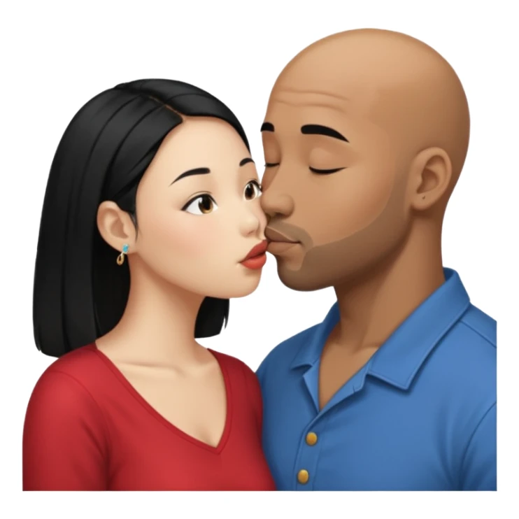 Bald black man with short beard deeply kissing each other. She is a short younger looking asain women. She has long black hair and a nose ring sticker
