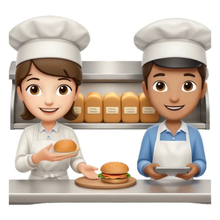 A 3D cartoon deli worker wearing an apron and hat, serving a customer at the counter, friendly smile, Memoji-style. sticker