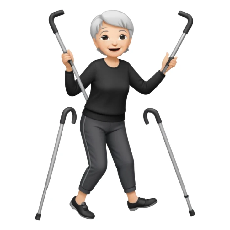 old woman with short hair, dressed with pants, laughing and dancing with crutches sticker