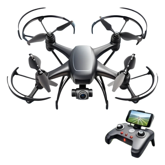 An icon showing a racing quadcopter drone in the foreground, flying at high speed through a course filled with obstacles and checkpoints. Other drones zoom in the background over a dynamic landscape. Transparent background highlights the thrill and precision of drone racing. sticker