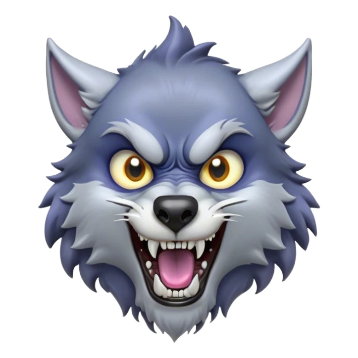 Cinematic Comical Werewolf Portrait Emoji, with a whimsically exaggerated lupine face in vivid moonlit grays and silvers, head cocked in a dramatically shocked expression with comically oversized, wide eyes and a playful snarl, simplified yet hilariously expressive, highly detailed with a soft cartoonish glowing outline capturing the mischievous humor of a werewolf mid-transformation! sticker