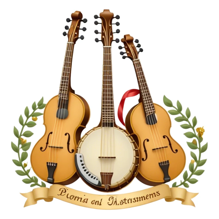 Design a complex, festive, and professional emblem-like emoji representing plucked string instruments. The composition should resemble a heraldic crest, featuring iconic instruments like a banjo, mandolin, domra, and sitar, artistically arranged in a balanced and symmetrical layout. The necks of the instruments should extend upward, intertwining with a flowing ribbon of musical notes, which weaves elegantly around the strings and headstocks. The design should incorporate intricate details, such as carved patterns on the instruments and decorative fretboards, while maintaining clarity and recognizability. Use a rich and celebratory color palette with gold, deep brown, and vibrant accents, adding subtle highlights and shadows for a polished, three-dimensional look. Include ornate elements like laurels, swirls, or subtle engraving to enhance the emblematic feel. The background should be transparent to highlight the composition as a standalone emblem. sticker