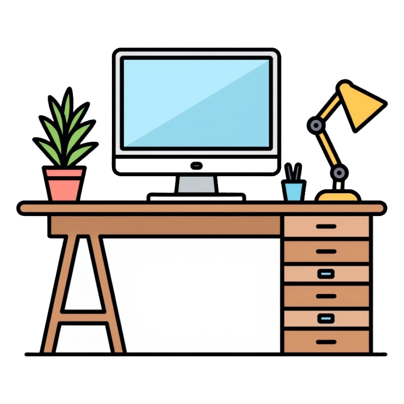 Clean and organized workspace desk with a computer monitor and a small potted plant, minimal clutter, organized office supplies sticker