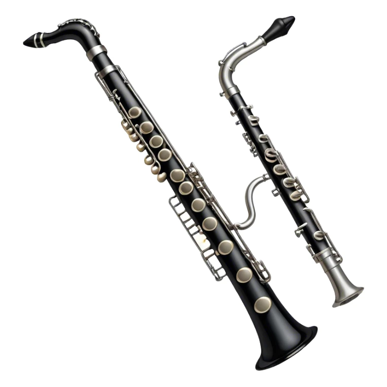 Create a sleek and professional emoji representing a black standard clarinet. The design should feature the smooth, black finish of the clarinet’s body with its shiny metal keys clearly visible. Highlight the mouthpiece with the reed at the top of the instrument. Include subtle details like the metal rings and key pads to emphasize its high-quality construction. Use black and silver tones to capture the classic and refined look of a traditional clarinet. Add soft musical notes around the instrument to evoke its melodic sound. The background should be transparent. sticker