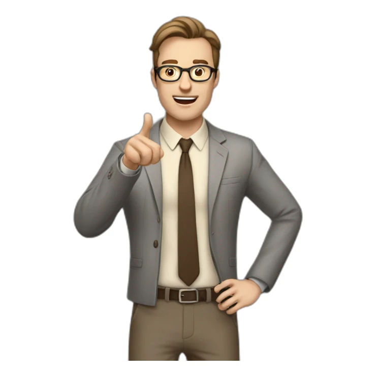 To belt Actively gesturing with hands Pale skinned fit man with dark brown hair in gray jacket, beige office shirt, brown tie, brown pants and vintage glasses. sticker