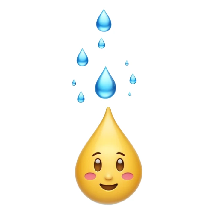 3D iPhone style emoji of a liquid drop falling, glossy and translucent, mid-air motion, isolated on white background, soft shadows, high detail, playful and cute. sticker