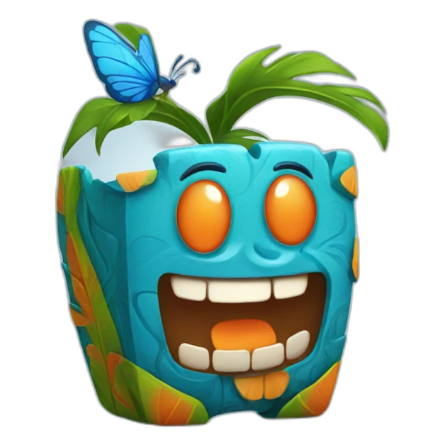 Cartoon Blue and orange smiling tiki with butterfly  sticker
