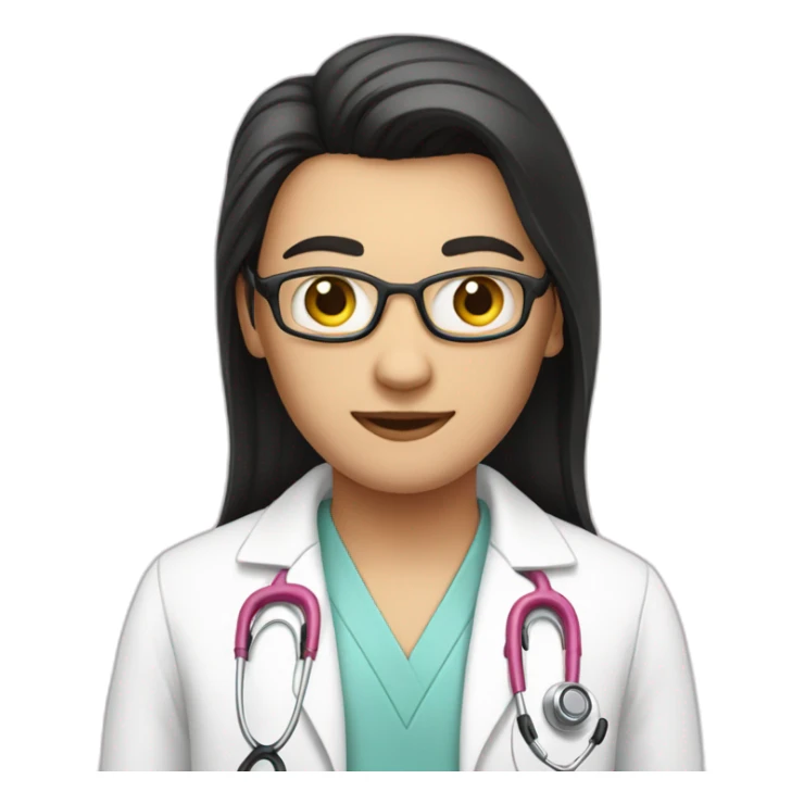 Long black straight hair doctor in pink undershirt white coat over  sticker