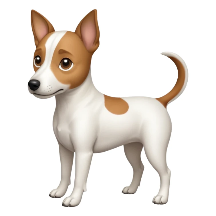 a full body white jack russel looking dog the size of a kelpie with light brown ears and a light brown patch on one eye, flopped down ears and a large snout sticker