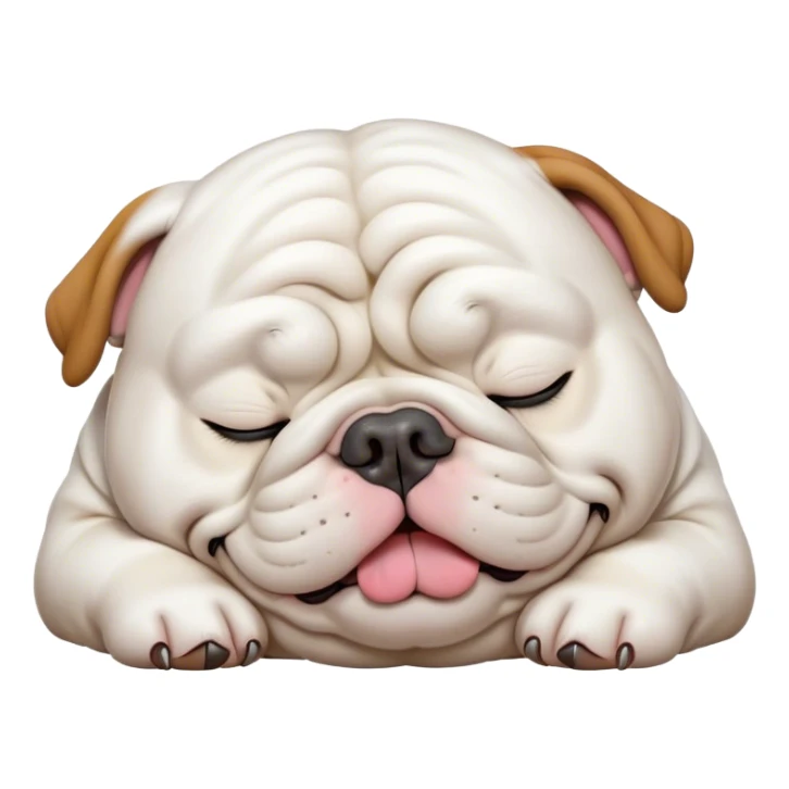 Cinematic Meme-Worthy Chubby Sleeping White English Bulldog Portrait Emoji, Head resting peacefully with a contented smile, showcasing a delightfully chubby build and a luxuriously soft pure white coat, eyes shut in a serene nap, Simplified yet hilariously adorable features, highly detailed, glowing with a soft, drowsy light, high shine, relaxed and utterly lovable, stylized with an air of playful laziness, bright and heartwarming, soft glowing outline, capturing the essence of a comically sleepy guardian, so meme-worthy it feels like it could instantly become the next viral sensation of adorable slumber! sticker