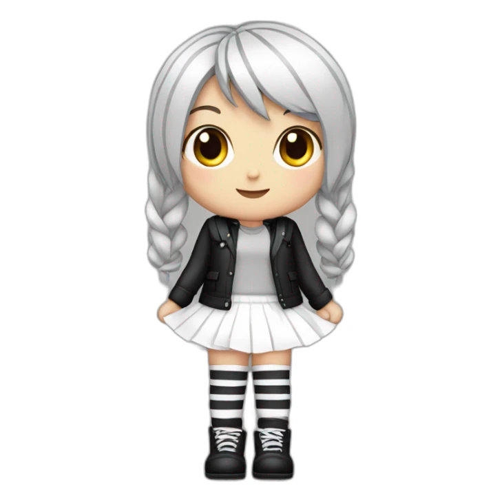 Frontal view curvy emo girl sits white skirt striped stockings hands up sticker