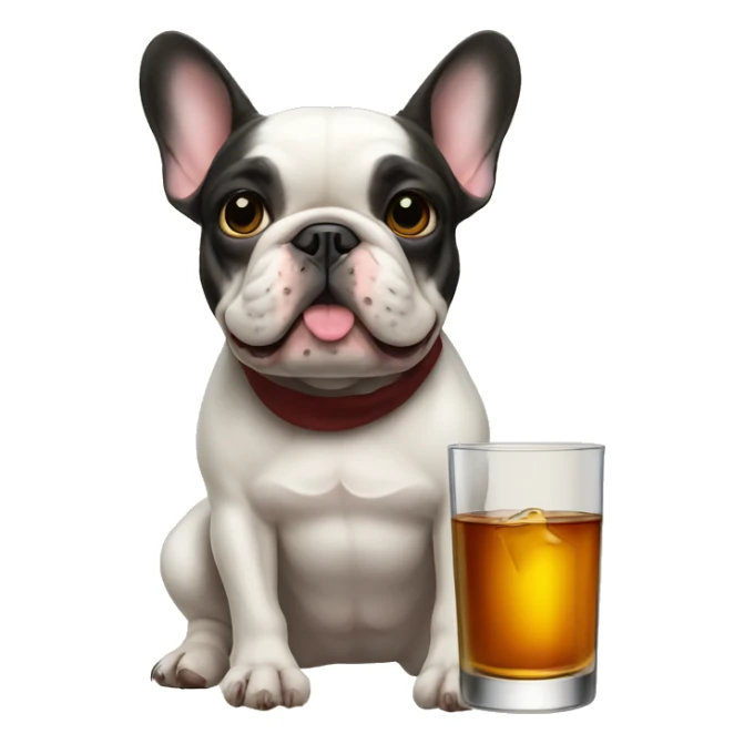 French bulldog with a bottle of whiskey sticker