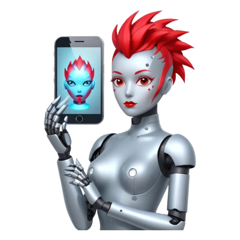 Sexy reflective glass face dronification robot girl with a red mohawk full body pinup pose  sticker