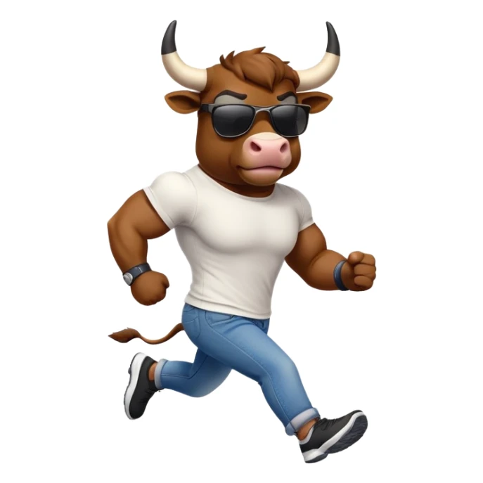 friendly anthropomorphised bull in jeans and a t-shirt, wearing dark sunglasses, jogging upright sticker