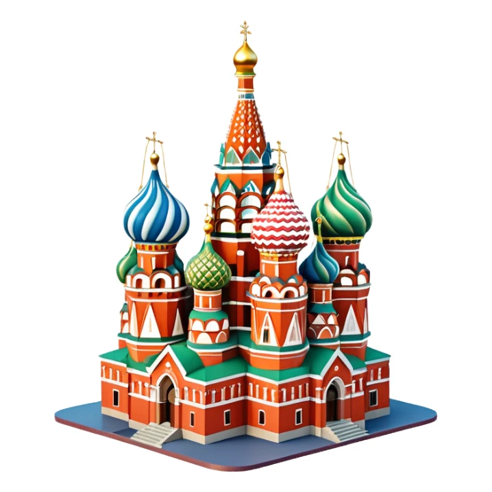 Isometric illustration of photorealistic Saint Basil's Cathedral with colorful onion domes, highly detailed in semi-realistic style, sharp outlines, subtle surface textures, balanced between stylized and realistic, 3D miniature effect with a slight hand-painted touch, no cartoonish look. sticker