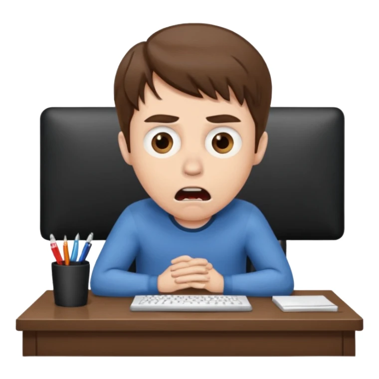 A white man with brown hairs, white skin,   sits at his desk in shock sticker