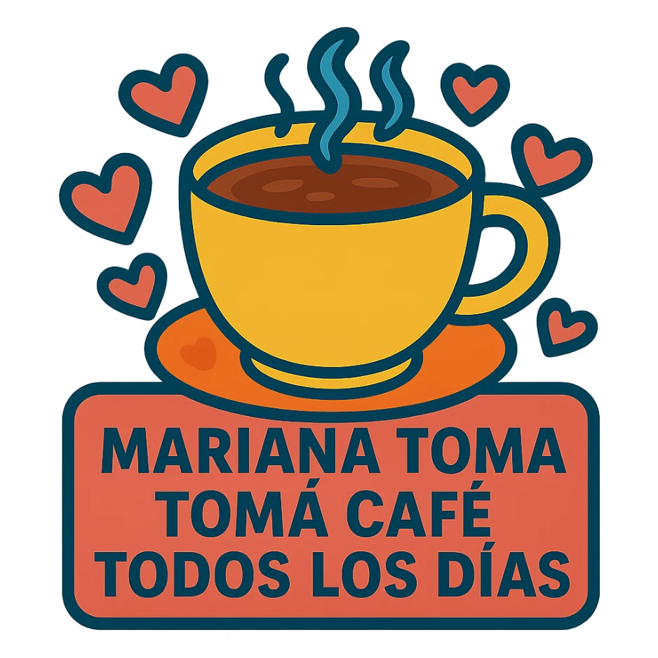 Add hearts around the large coffee cup, keep the phrase 'mariana toma café todos los días'. sticker