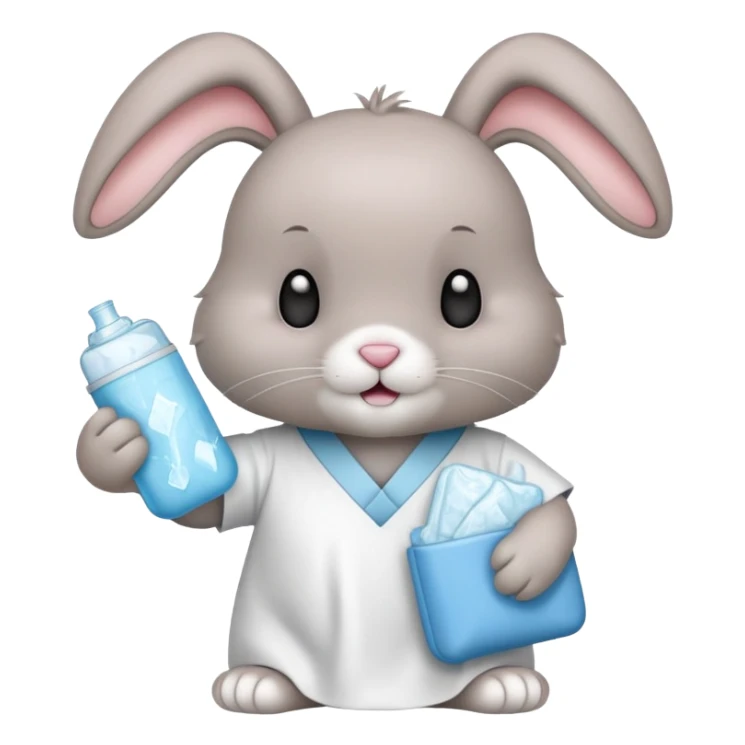 Rabbit wearing hospital gown and holding ice pack sticker