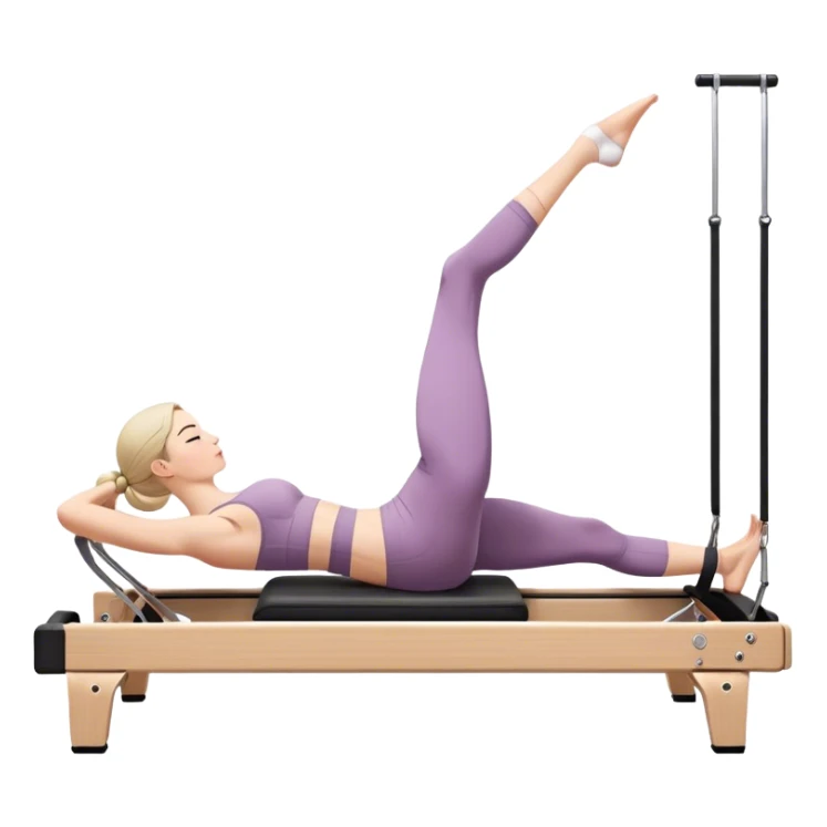 A girl doing a pilate reformer exercize on side. We have a side view of her sticker