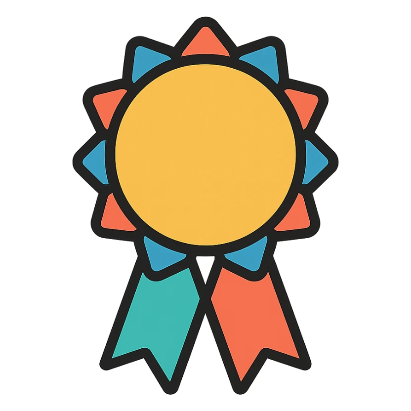 gold must have badge with colorful elements, elegant minimalist flat design, award badge style, 2D flat vector, trending icon look, soft shadows, no text, isolated on white background, commercial use sticker