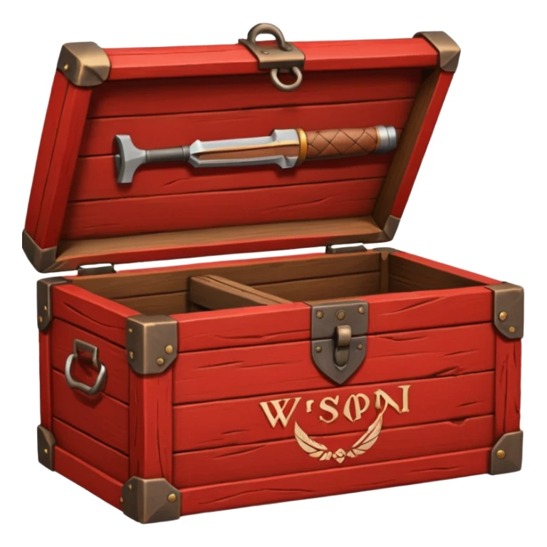 generate a very realistic wooden box with a red weapon inscription sticker