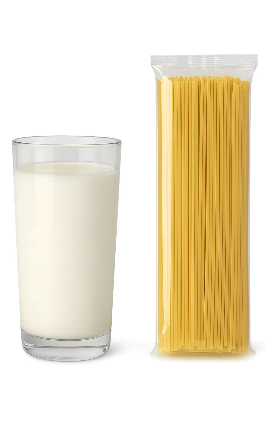 bicchiere di latte accanto a pacco di pasta sticker